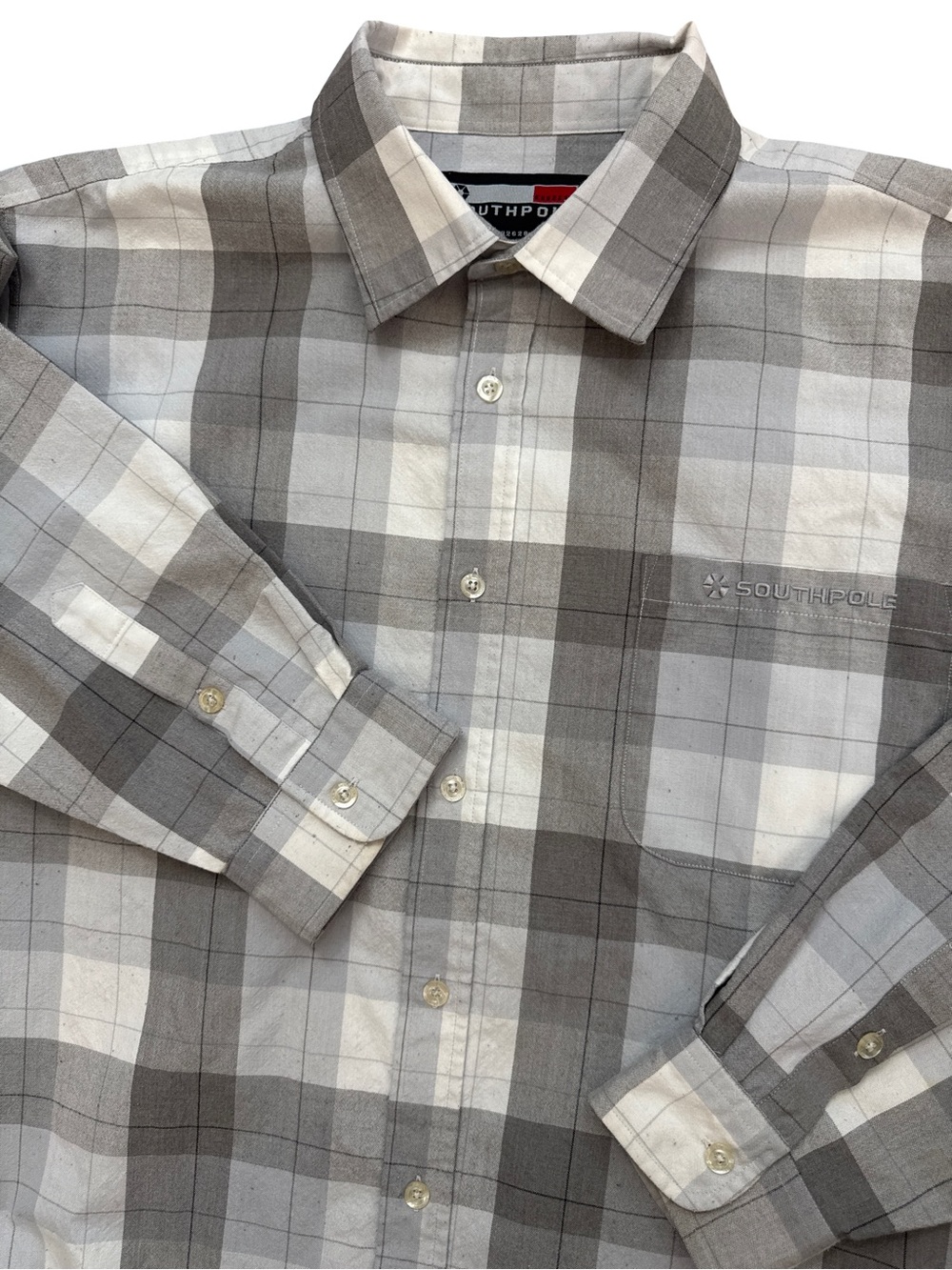 Vintage Y2K SouthPole Men’s Long Sleeve Plaid Button Up Size XL Gray & White